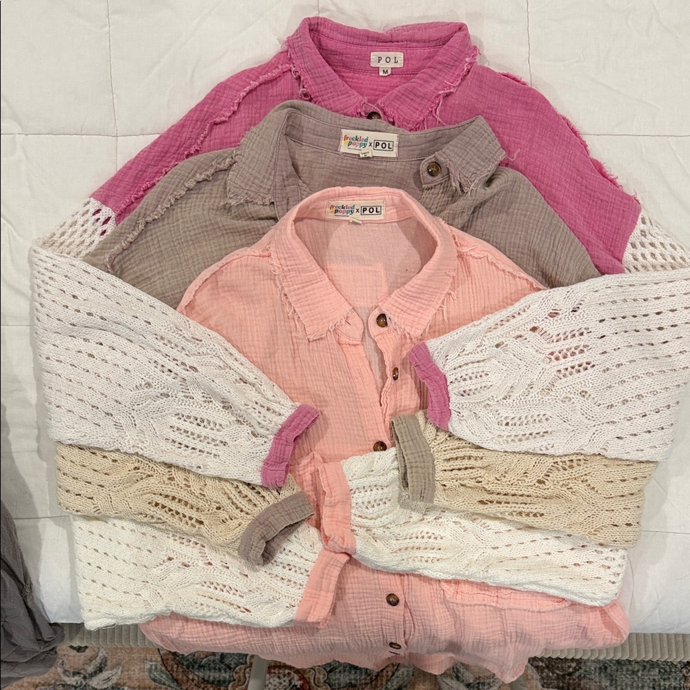 POL Pink and Beige Button-Up Shirts with Knit Sweaters sleeves